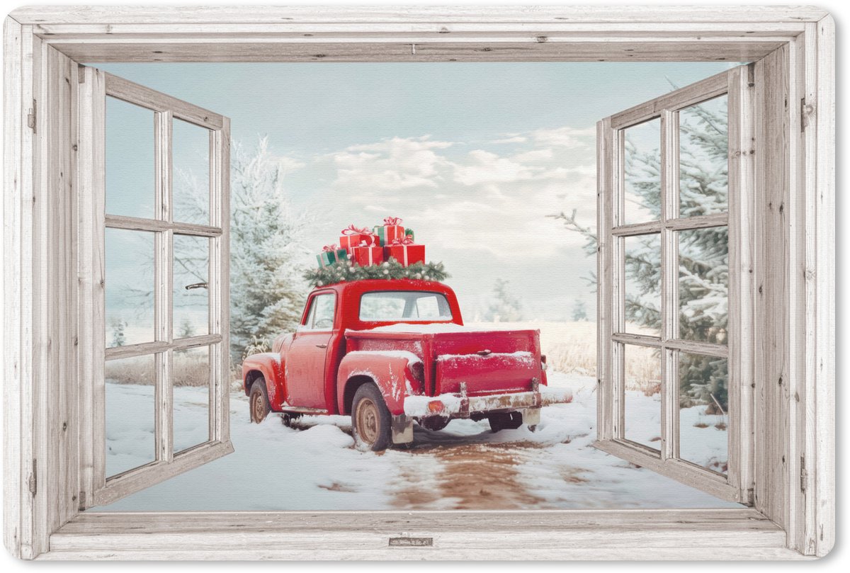Muismat 27x18 cm - Mousepad Auto - Rood - Cadeaus - Winter - Kerst - Doorkijk - Wit - Muismatten