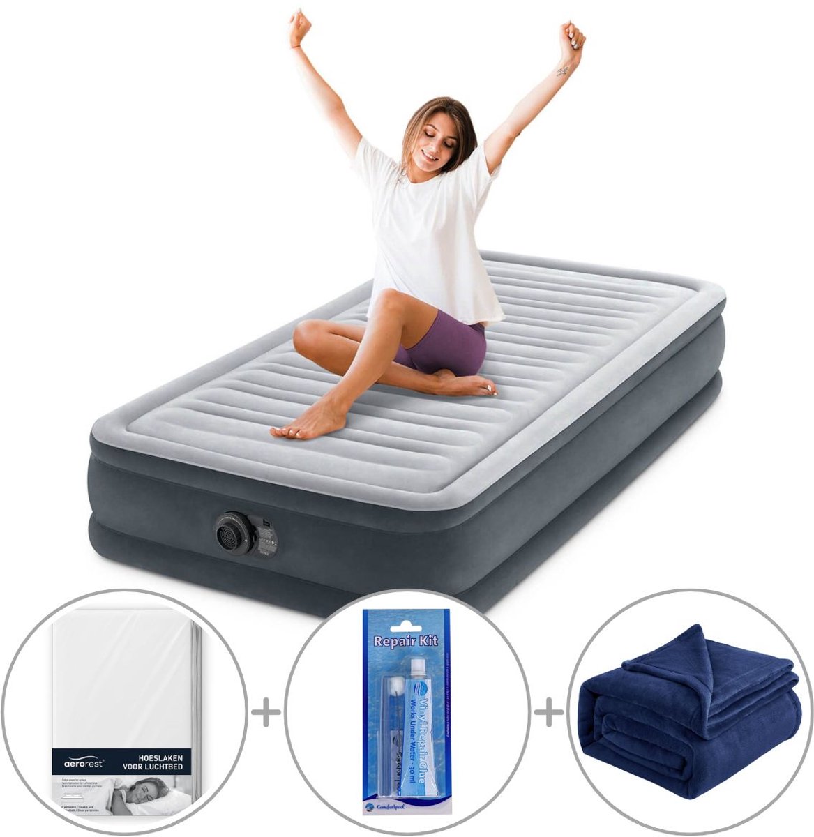 Intex Comfort Plush luchtbed met ingebouwde pomp | Eenpersoons | 191 x 99 x 33 cm | Inclusief bijpassend hoeslaken + reparatiekit + fleece deken