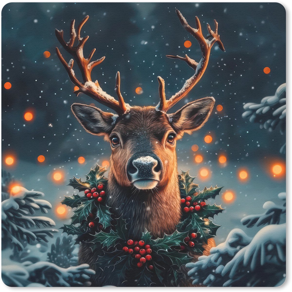 Muismat 20x20 cm - Mousepad Hert - Kerst - Winter - Sneeuw - Kerstkrans - Muismatten