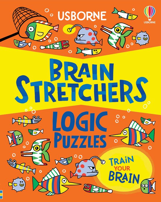 De cover van het boek 'Brain Stretchers: Logic Puzzles' met cartoonvissen, de titel en de tekst 'Train your brain'.