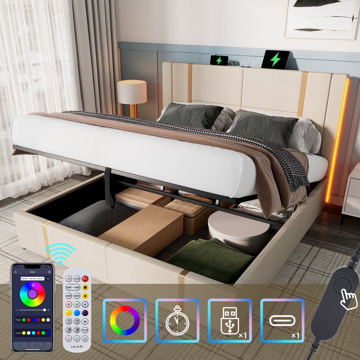 USB-C oplaadfunctie, APP-besturing LED verlichting, 180x200, opbergbed, houten lattenbodem, beige linnen, zonder matras