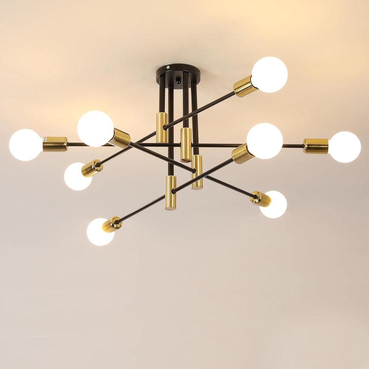 Industriële Vintage Sputnik Plafondlamp 90 cm - 8 E27 Verlichting voor Woonkamer, Keuken, Slaapkamer - Zwart met Goud - Zonder Lampen Inbegrepen