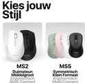 Vergelijking van twee types witte draadloze muizen: de grotere PHREEZE MS2 en de kleinere PHREEZE MS5, naast zwarte en groene varianten. Tekst "Kies jouw Stijl".