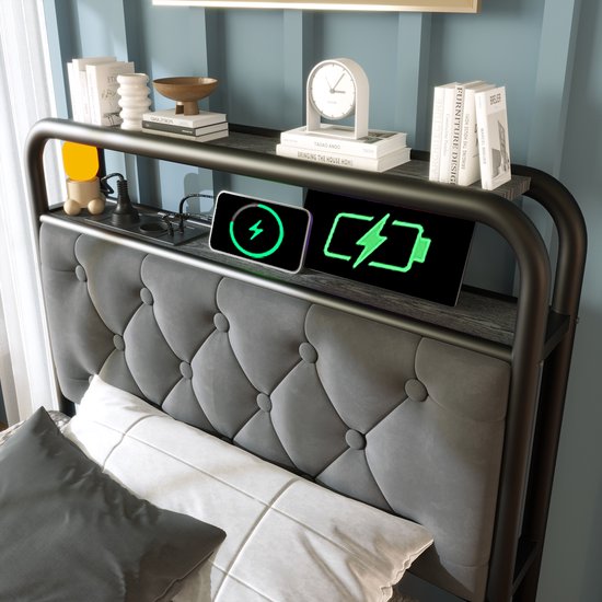 Polsterbett - Einzelbett - avec chargement USB Type C Fonction de chargement - APP-Control LED Bettgestell - Metallbett - 90x200 - Bettrahmen - 2 étagères - Samt - Sans Matras