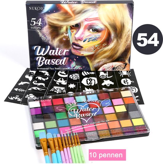 Foto: Schmink 54 kleuren schminkset kinderen waterbasis schmink met 10 penselen 6 sjablonen niet giftig schmink voor kind volwassene halloween feest schminken