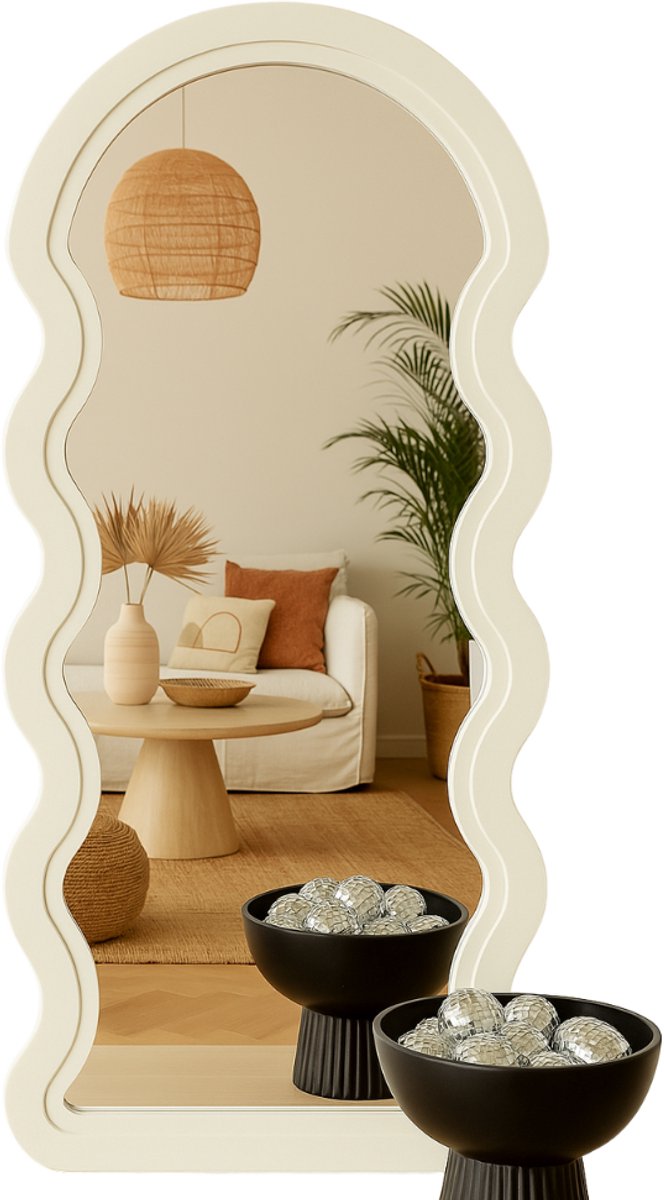 MISOU Wandspiegel - Organische Vorm - Wavy Spiegel - Badkamerspiegel - Reliëf - Woondecoratie - Wanddecoratie - Wit - Miroir Mural - EVI