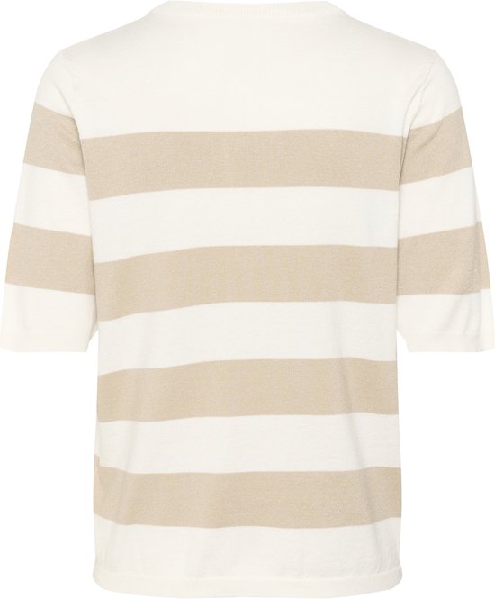 Achterkant van een off-white en beige gestreepte gebreide trui.