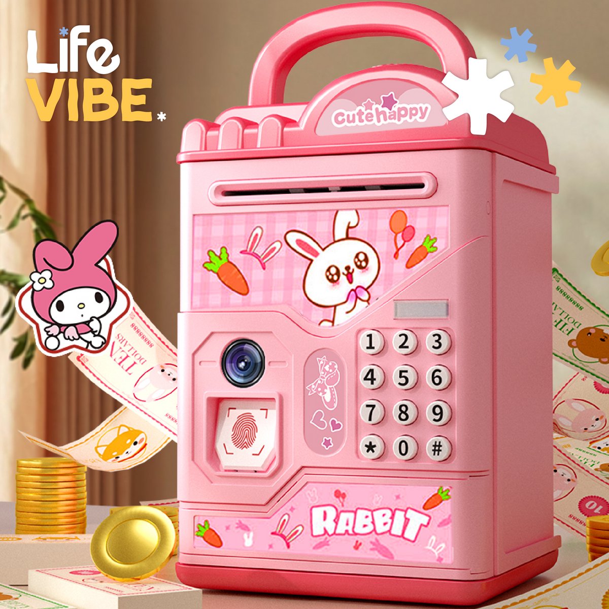 LifeVibe© Spaarpot voor Kinderen met Pincode & Vingerafdruk - Kluis - Piggy Bank - Munt en Briefgeld - Roze