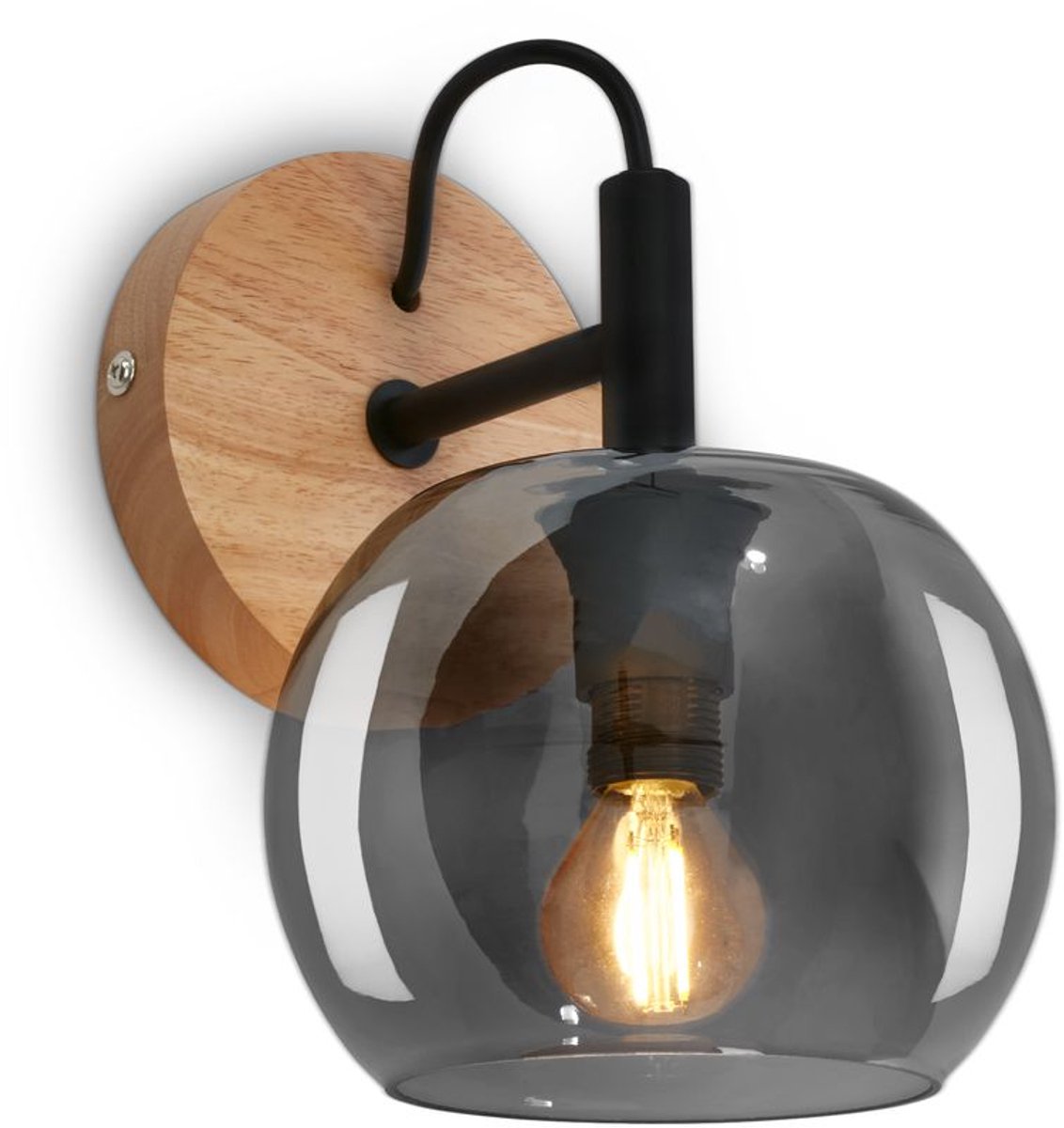 BRILONER - Wandlamp - 2143014 - Zwenkbaar - E14 fitting - Rookglas - Gloeilamp niet inbegrepen - 16 x 19 x 21 cm - Zwart-hout