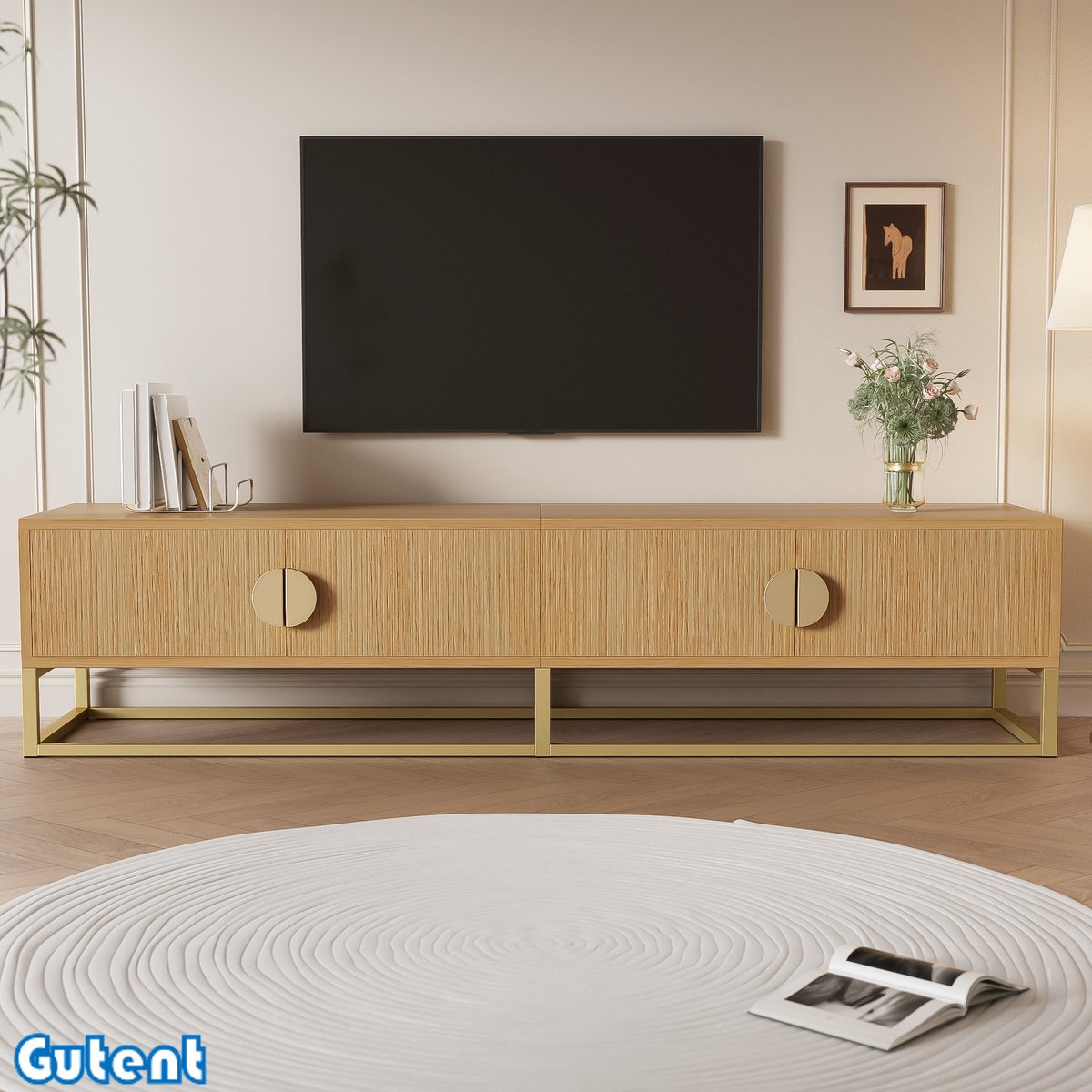 Gutent TV-kast-180cm-Houtnerf - Modern Eetkamermeubel-4 Deuren-Halfronde Handgrepen-Hout