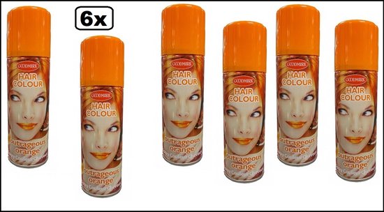 Zes spuitbussen GOODMARK 'Outrageous Orange' haarkleur spray met een oranje dop en een vrouwengezicht op de verpakking.