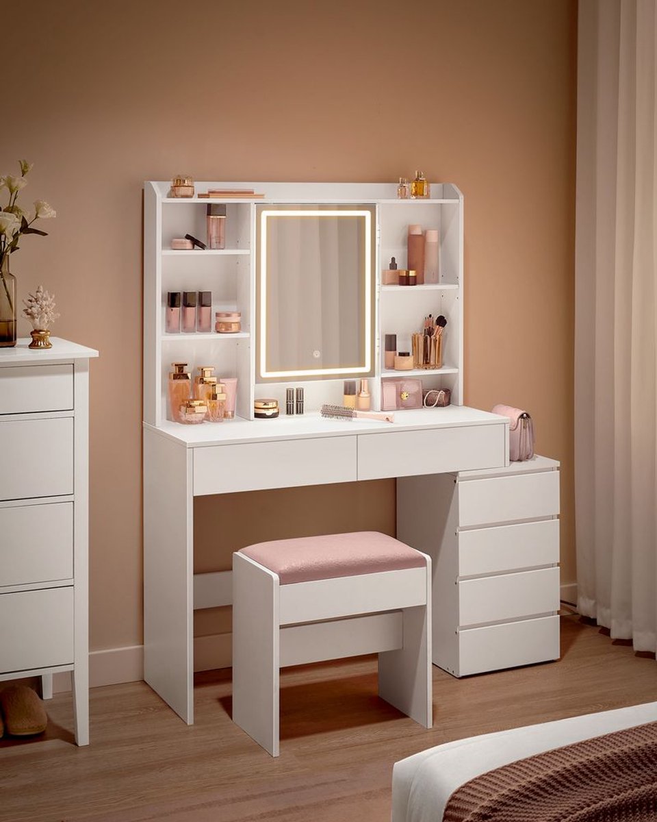 Ampezzo Kaptafel LED Verlichting - Make-up Tafel - Wit - ± 40 x 120 x 145 cm