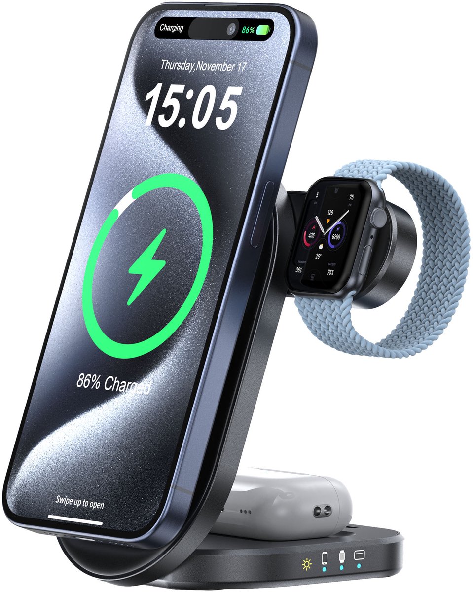 Caliber 3 in 1 Draadloze Oplader - Oplaadstation - 22,5W Snellader Qi2 Gecertificeerd - 30W USB C Adapter - Geschikt voor Smartphones, Apple Watch, Draadloze Oordopjes - Opvouwbaar - Zwart (PSQ-3A)