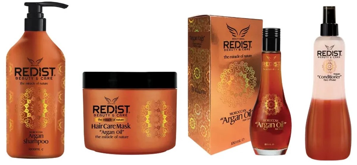 Redist - Argan Haarverzorging Set 4-delige - Argan Shampoo 1000 ML-Argan Haarverzorgingsmasker 500 ML-Argan Haarolie 100 ML-Argan 2-fasen Haarconditioner 400 ML