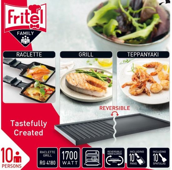 FRITEL Raclette Grill RG 4180 - Gourmetstel / Tafelgrill Kerst - Omkeerbare Bakplaat - 1700W - 48,5 x 24 cm - 2 to 10 Pers.- PFAS vrij + 10 Raclettepannetjes & Spatels — afbeelding 5