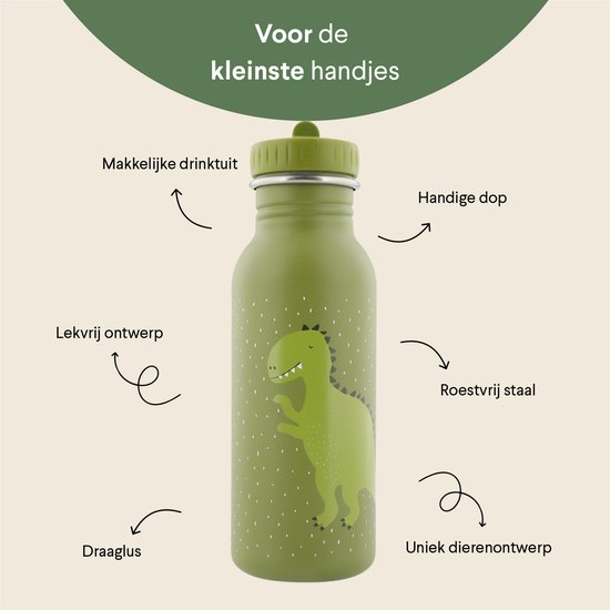 Trixie Drinkfles - Mr. Dino - RVS Waterfles voor kinderen - 500ml - Lekvrije Fles - Groen