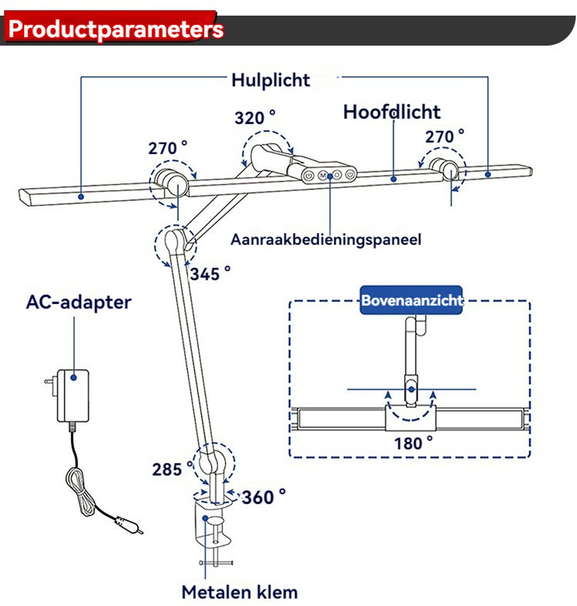 OnmiMartBureaulamp LED Dimbaar – Bureaulamp met Klem – Tafellamp – Hobbylamp – Ledlamp - Klemlamp - Afstandsbediening - Touch Screen-Verlichtingsbereik van 80 inch (ca. 203 cm)- Drievoudig opvouwbaar ontwerp- Verstelbare lamp voor grote schermen thumbnail 8