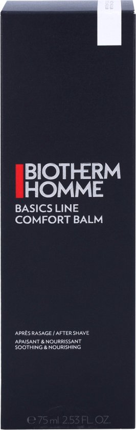 Zwarte verpakking met "BIOTHERM HOMME BASICS LINE COMFORT BALM" in zilveren letters. Tekst "APRÈS RASAGE / AFTER SHAVE" onderaan.