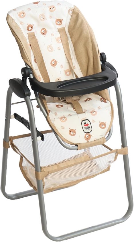 Beige poppenstoel met teddybeerprint, verstelbare zitting, afneembaar dienblad en opbergmand.