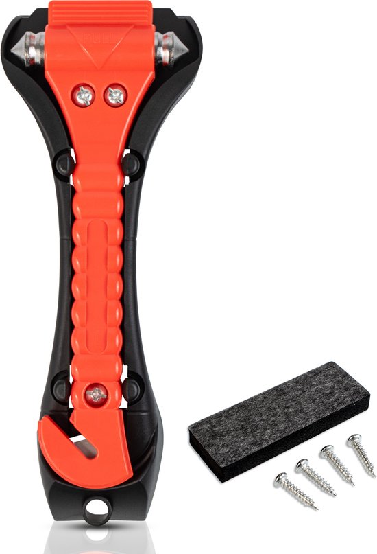 Veiligheidshamer – Gordelsnijder – Veiligheidshamer Auto – Met Houder en Bevestigingsmateriaal – Noodhamer – Compact en Krachtig – Oranje – van Saaf