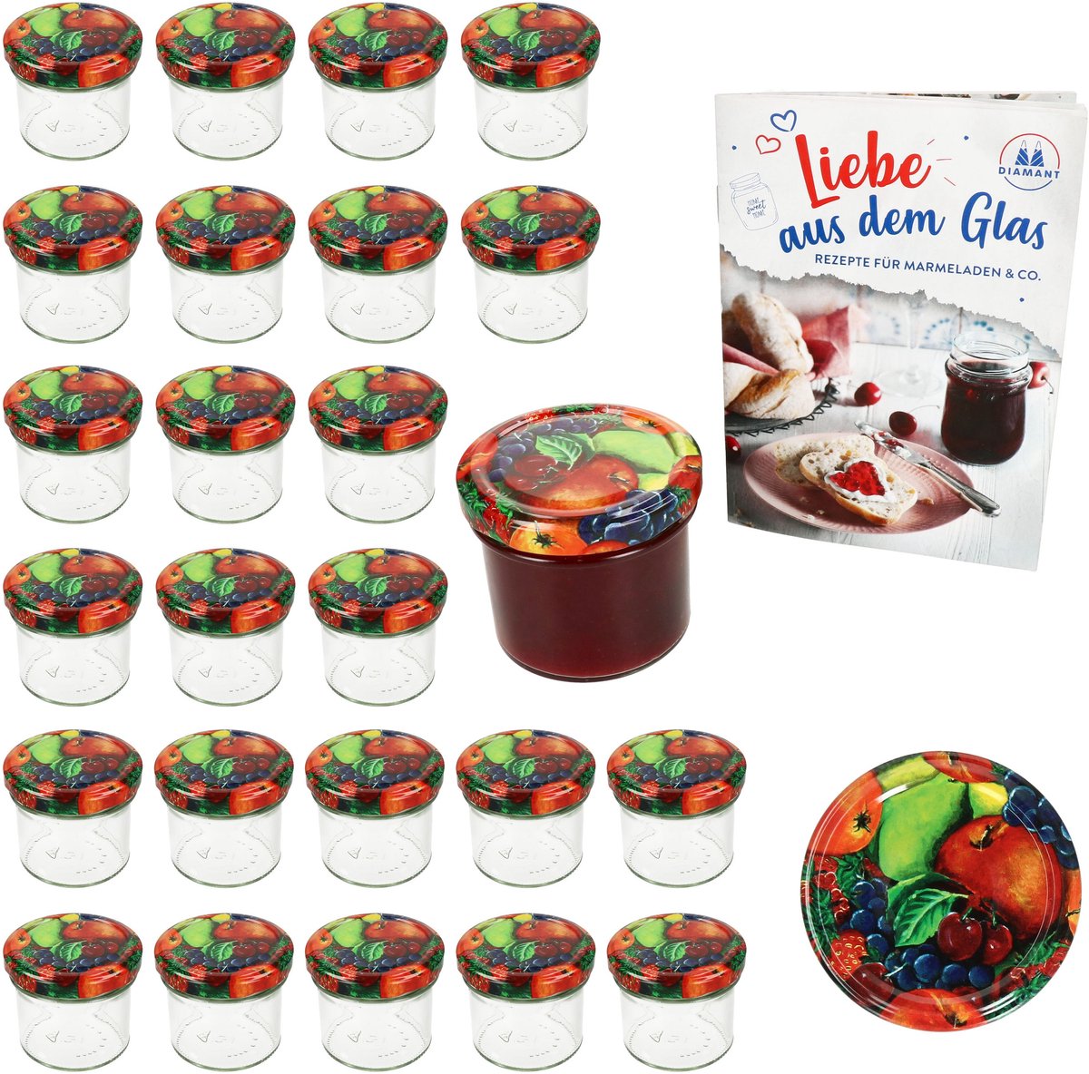 Set van 25 bekers 125 ml jampot inmaakpot Inmaakpot Naar 66 fruit decor deksel incl. diamanten suiker gelei receptenboekje