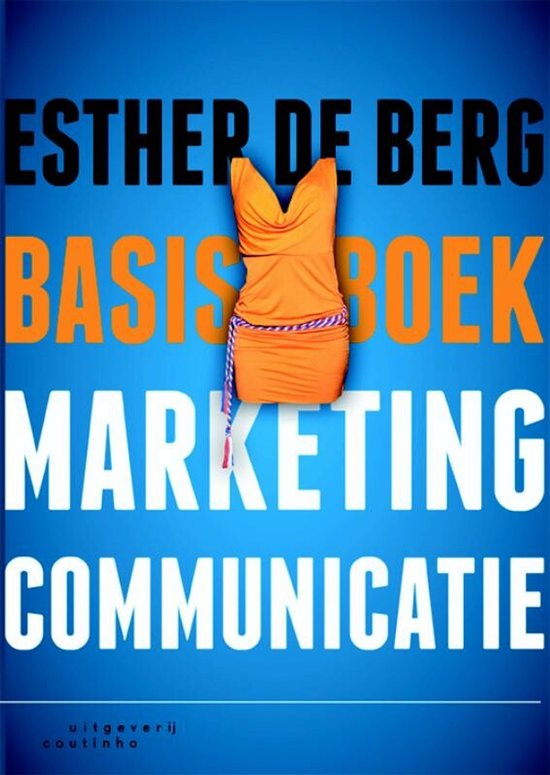 Boekomslag van 'Basisboek Marketingcommunicatie' met een oranje jurkje en blauwe achtergrond.