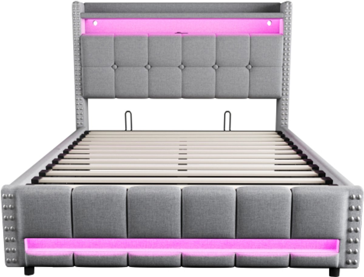 GOTAGEE Gestoffeerd bed 140x200cm met LED-verlichting en USB-aansluiting, hoofdeinde met planken en opbergruimte, met hydraulische opbergruimte, tweepersoonsbed voor volwassenen, lichtgrijze linnen stof Grijs