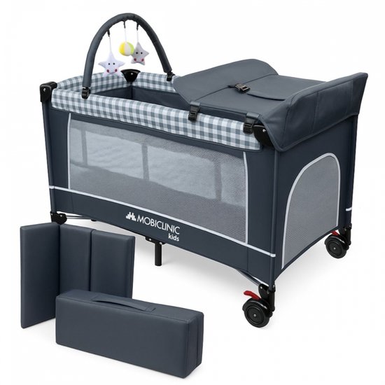 Mobiclinic Caelum - Reisbedje - 3 in 1 - Wieg - Reisbed, box en luiertafel - Verschoontafel - Met matras - Wielen 360º - Campingbedje - Baby bed - Grijs