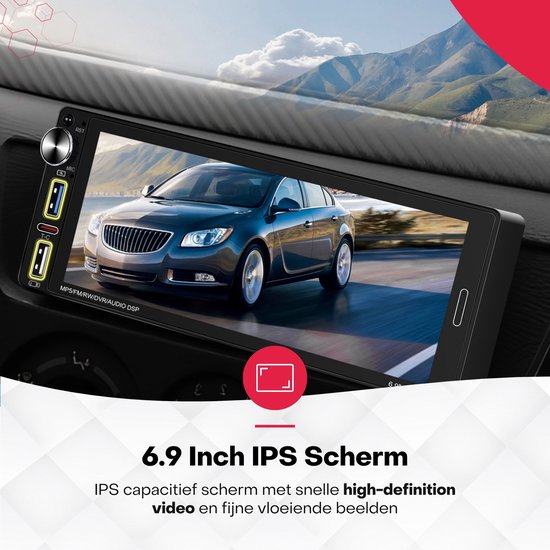 6,9 inch IPS scherm autoradio toont een rijzende grijze sedan, met een weergave van high-definition video.