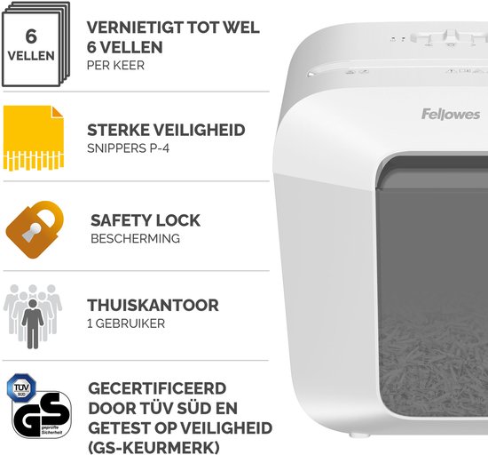 Fellowes LX25 - Destructeur de papier - P4 Cross-Cut - 6 feuilles - 11,5 L - blanc