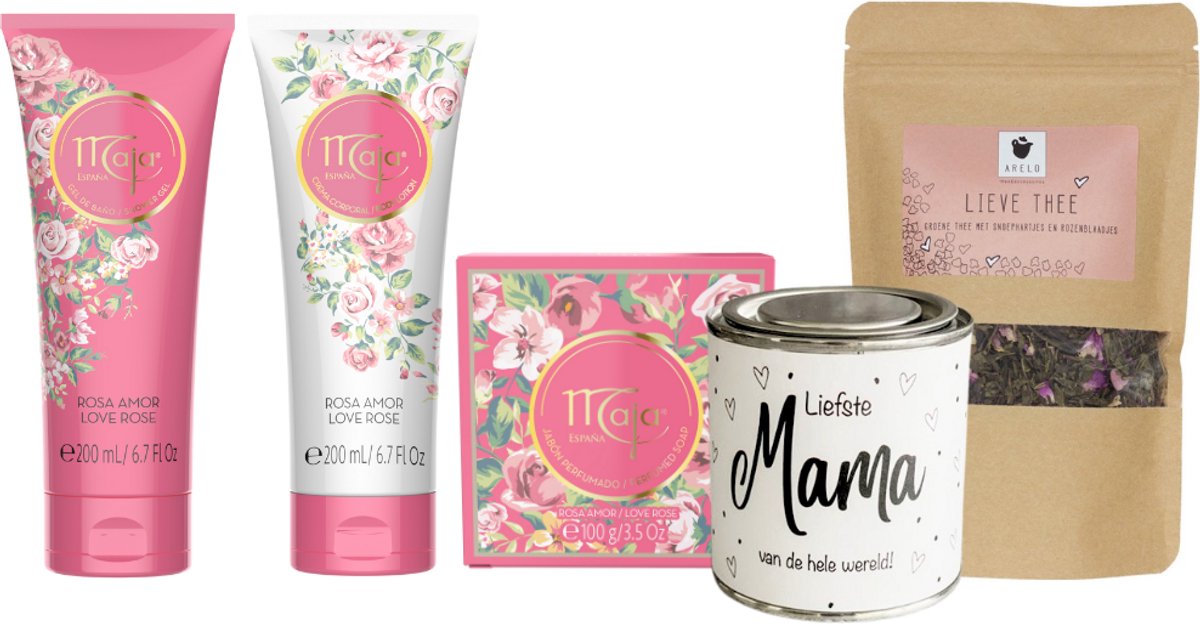 Maja Cadeauset Rose Love & Thee Mama - Maja Love Rose Soap 100g - Maja Love Rose Body Lotion 200ml - Maja Love Rose Shower Gel 200ml - ARELO Lieve Thee zakje