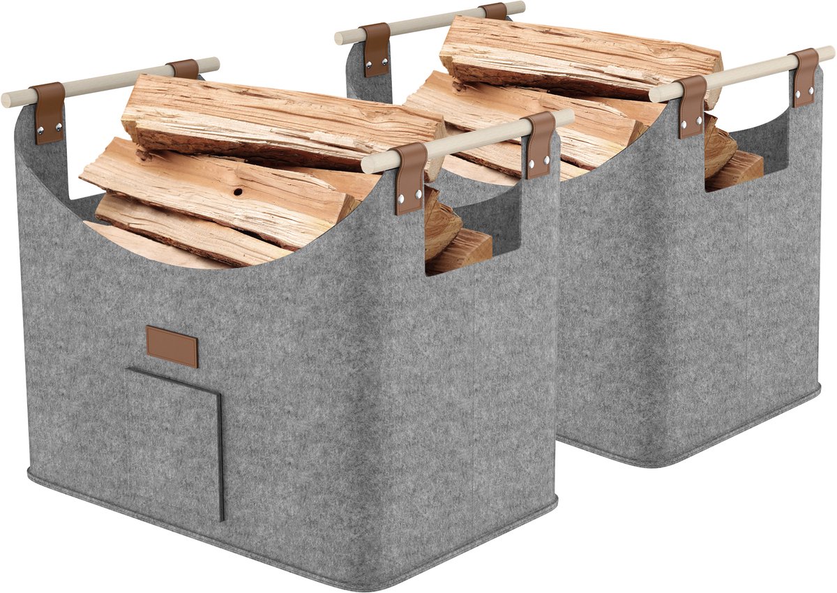 Aufun 2 x houten mand voor haardhout, XXL opvouwbare brandhoutmand, extra dik vilt en versterkte handgreep, voor boodschappen, hout, krant of brandhout, 50 x 32 x 40 cm, lichtgrijs