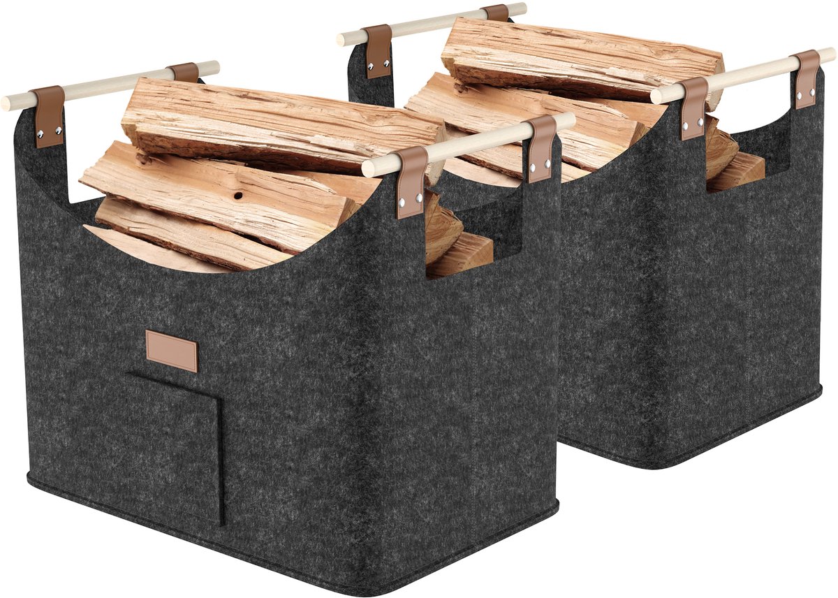 Aufun 2 x houten mand voor haardhout, XXL opvouwbare brandhoutmand, extra dik vilt en versterkte handgreep, voor boodschappen, hout, krant of brandhout, 50 x 32 x 40 cm, Donkergrijs