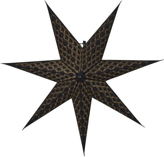 Étoile de Noël en papier noire avec motif doré en arête de poisson, 60 cm, photographiée de face.