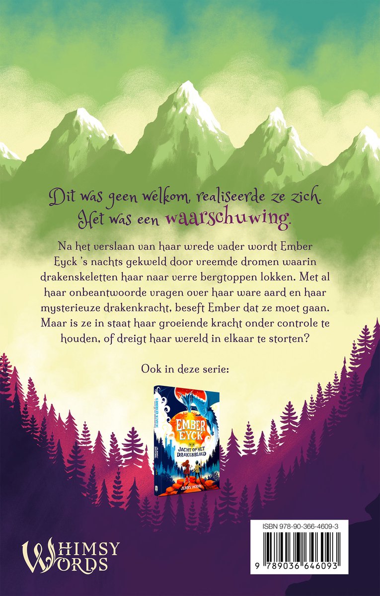 Boekomslag met besneeuwde bergen, dennenbossen, een skelet van een draak en tekst.