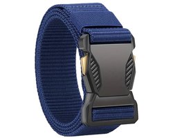 Tactische Canvas Belt I Militaire Broekriem I Veiligheidsriem I Snelle Sluiting & Ontgrendeling I Carbon & Gouden Details I Tot 120 Cm I Blauw