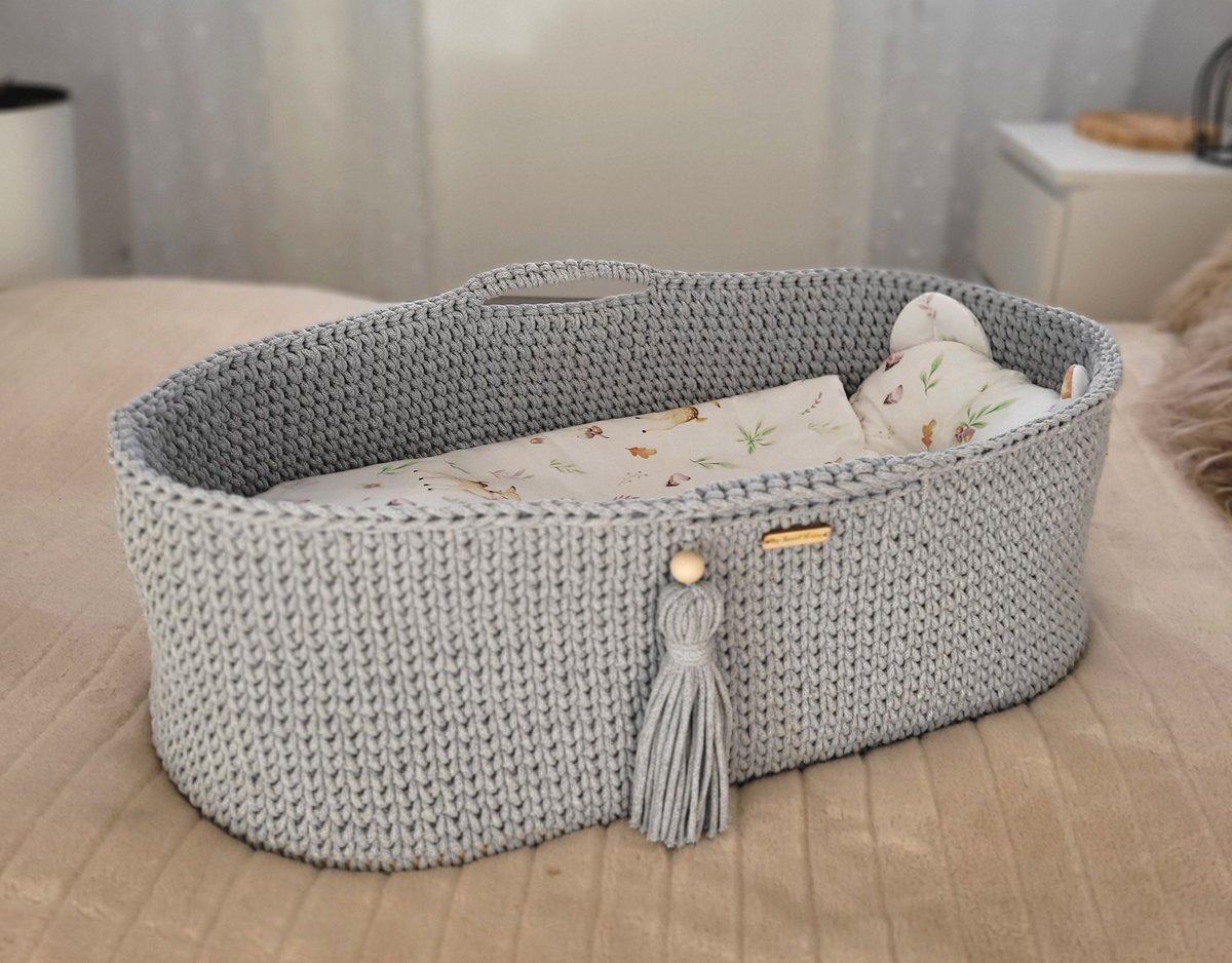 Moses mand BOHO Handgemaakt katoen met matras - grijs