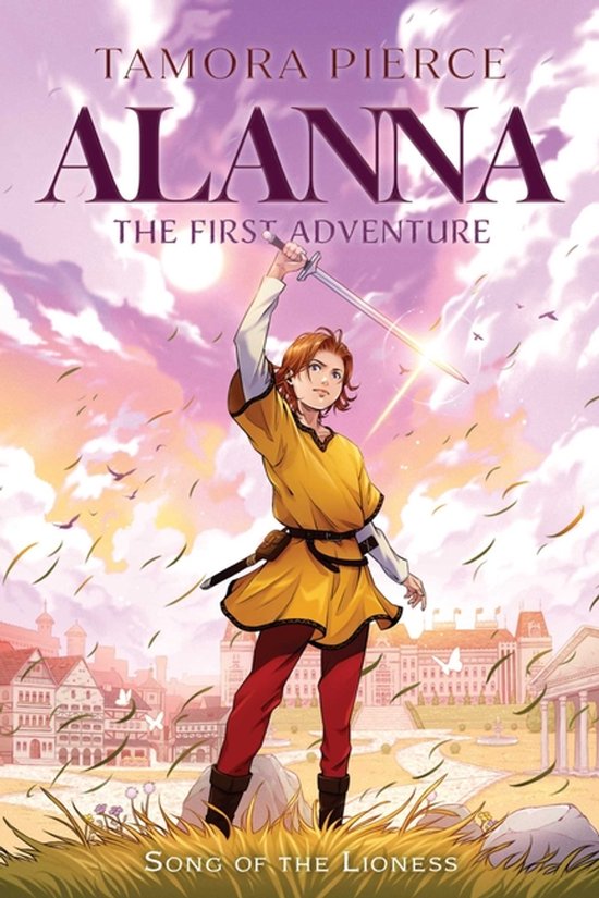 Boekcover van Alanna: The First Adventure. Een jonge held met een zwaard in de lucht, met een stad op de achtergrond.