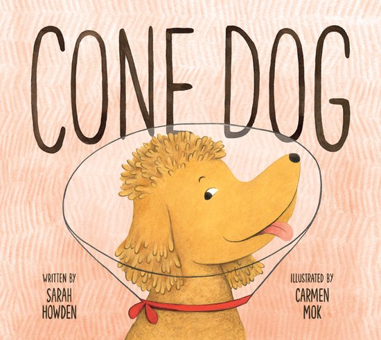 Een bruine poedel met een kraag en rode strik op een roze achtergrond. Titel: CONE DOG.