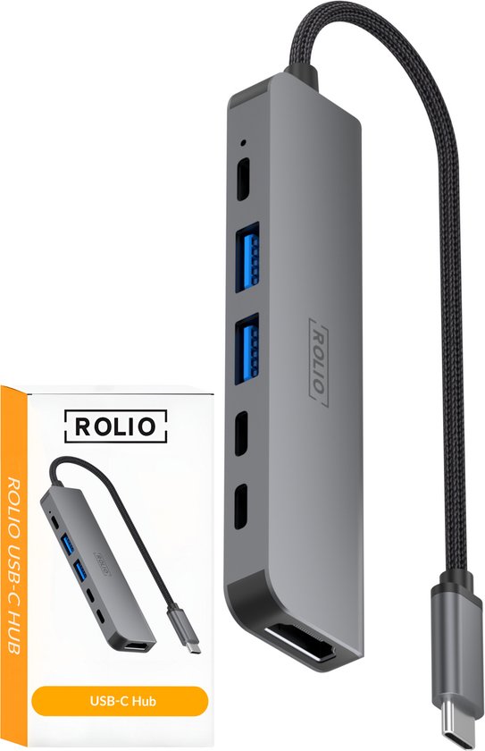 Rolio USB C Hub - 1x HDMI 4K - 3x USB-C - 2x USB-A - USB Splitter - Geschikt voor Macbook Pro / Air / Windows / Universeel