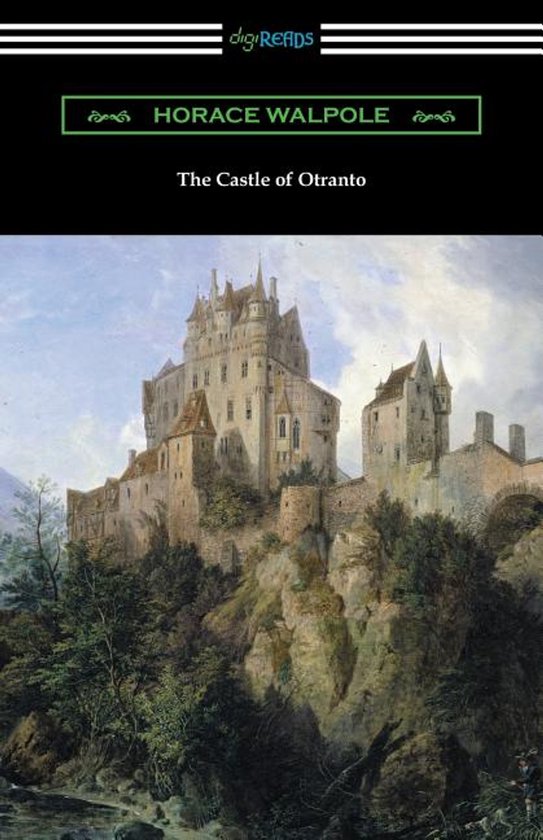 Boek 'The Castle of Otranto' door Horace Walpole, met een schilderij van een kasteel op een rotsachtige heuvel.