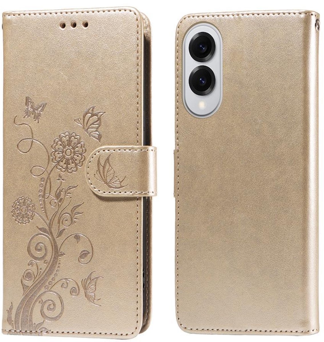 Mobigear Telefoonhoesje geschikt voor Samsung Galaxy S25 Edge Hoesje | Mobigear Flowers Bookcase Portemonnee | Pasjeshouder voor 3 Pasjes | Telefoonhoesje voor Pinpas / OV Kaart / Rijbewijs - Goud