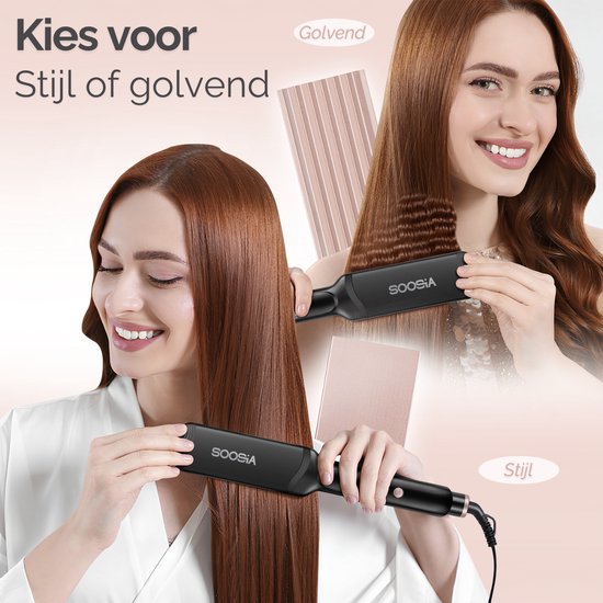 Vrouw met steil bruin haar en gekruld haar toont gebruik van zwarte stijltang voor stijl en golvend haar.