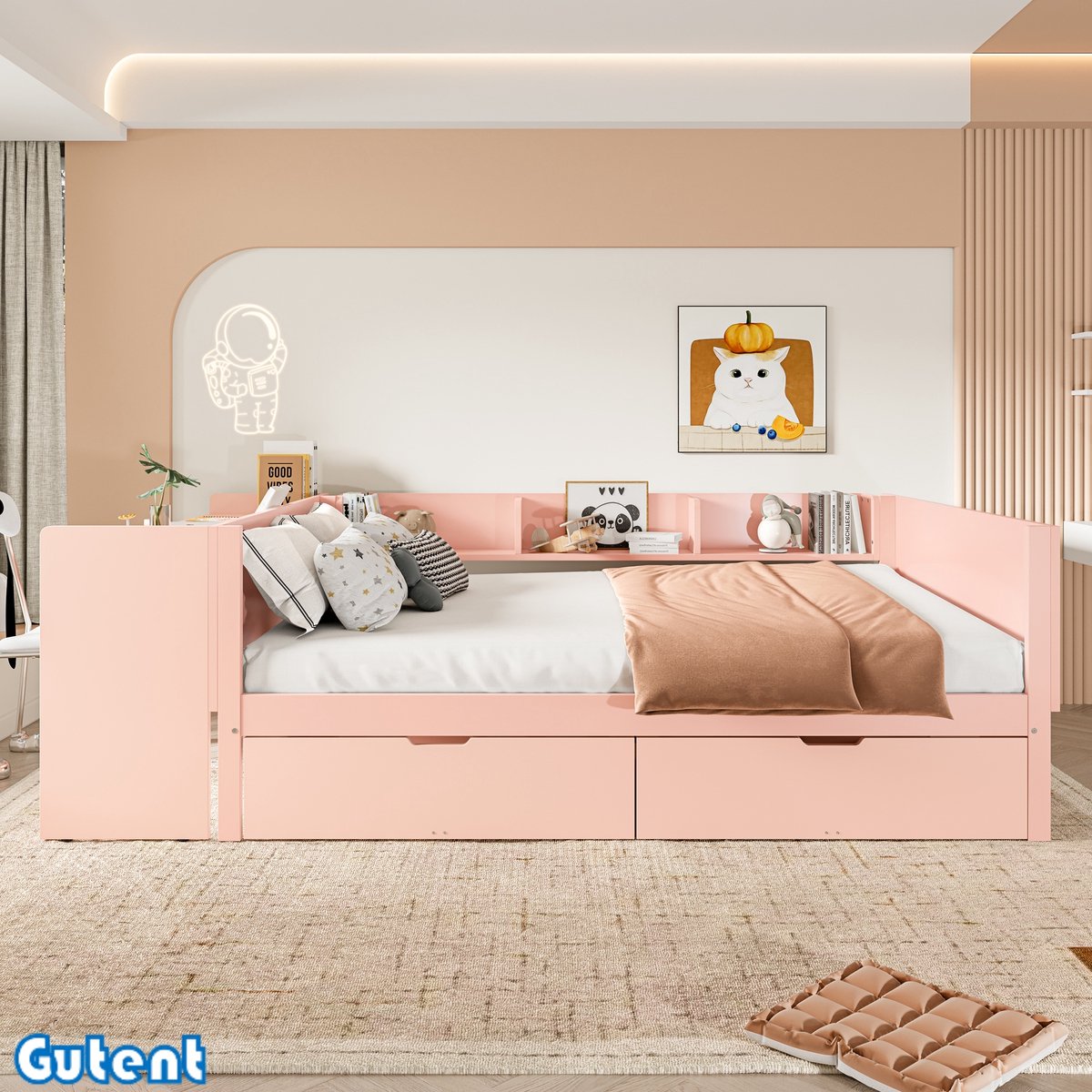 Gutent Kinderbed - houten bed - 140x200cm - met bureau - uitgerust met 2 lades - (zonder matras) - met planken - grenen - spaanplaat - Roze Gutent