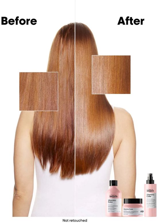 Avant et après des cheveux avec une teinte rouge. À gauche 'avant' avec des mèches ternes, à droite 'après' avec des cheveux brillants. Les produits L'Oréal Professionnel Vitamino Color sont au premier plan.