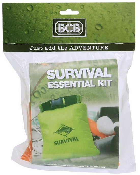 BCB Survival Essential Kit verpakt in plastic, met een groene roll-top tas en de tekst 'Just add the ADVENTURE'.
