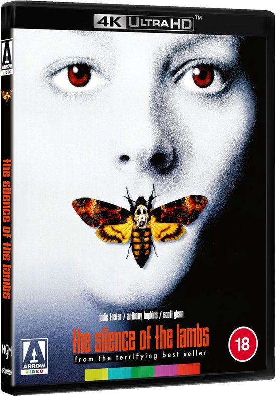 The Silence of the Lambs 4K Ultra HD hoes met close-up van een gezicht met een doodskopmot op de mond. Tekst: 'the silence of the lambs'.