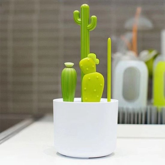Set van 4 stuks - Cactus Flessenborstelset - Flessenborstel, tepelborstel, detailborstel en rietjesborstel - Baby Essentials - Inclusief afvoerorganizer - Cactus van Merkloos — afbeelding 2