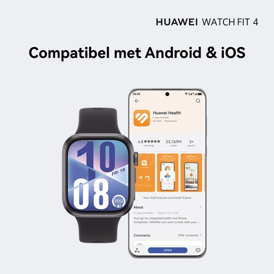 Smartwatch met crème-kleurige band naast een smartphone met de Huawei Health app.
