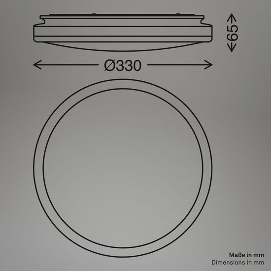 Technische tekening van een ronde plafondlamp met diameter 330 mm en hoogte 65 mm.